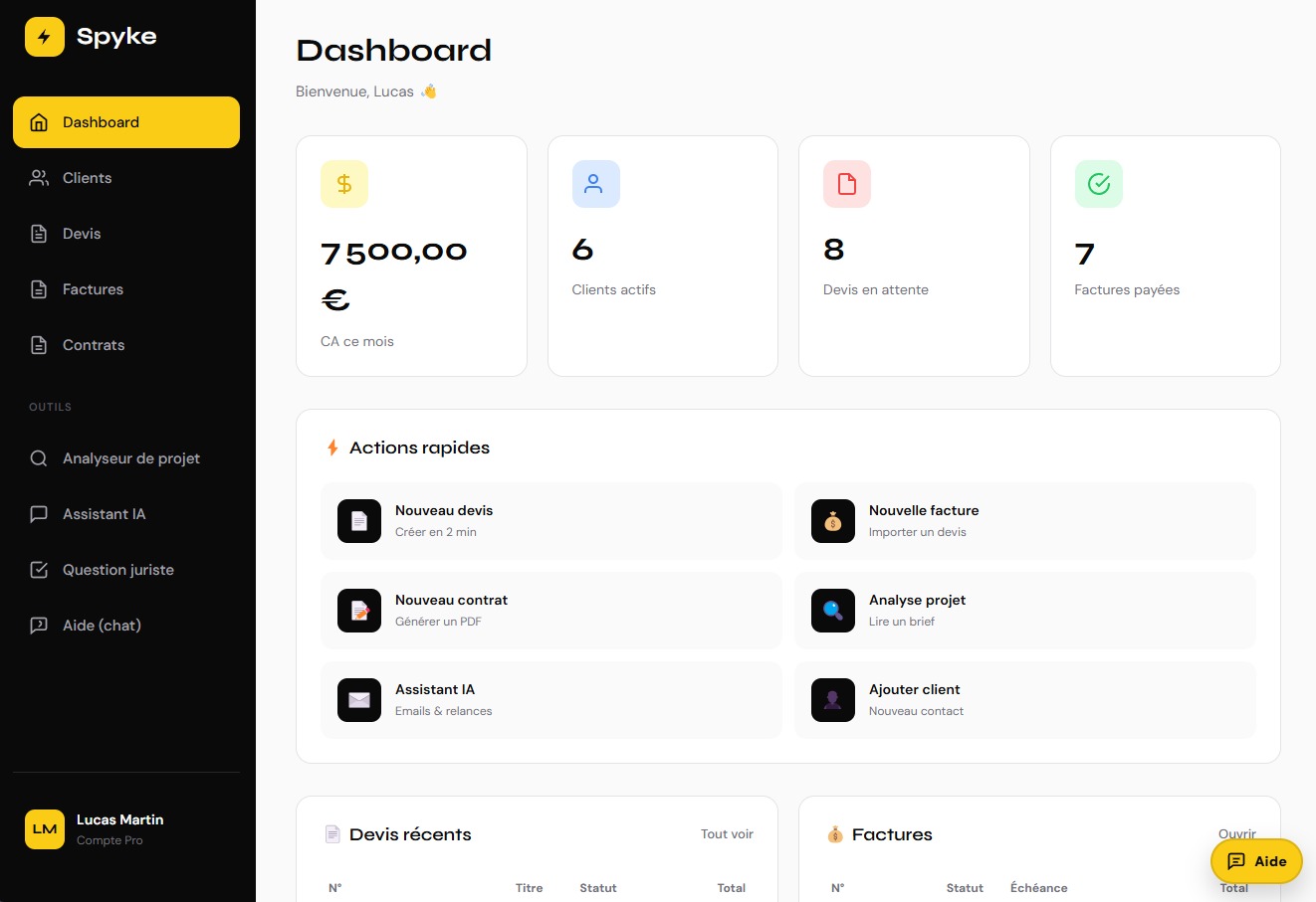 Aperçu du dashboard Spyke